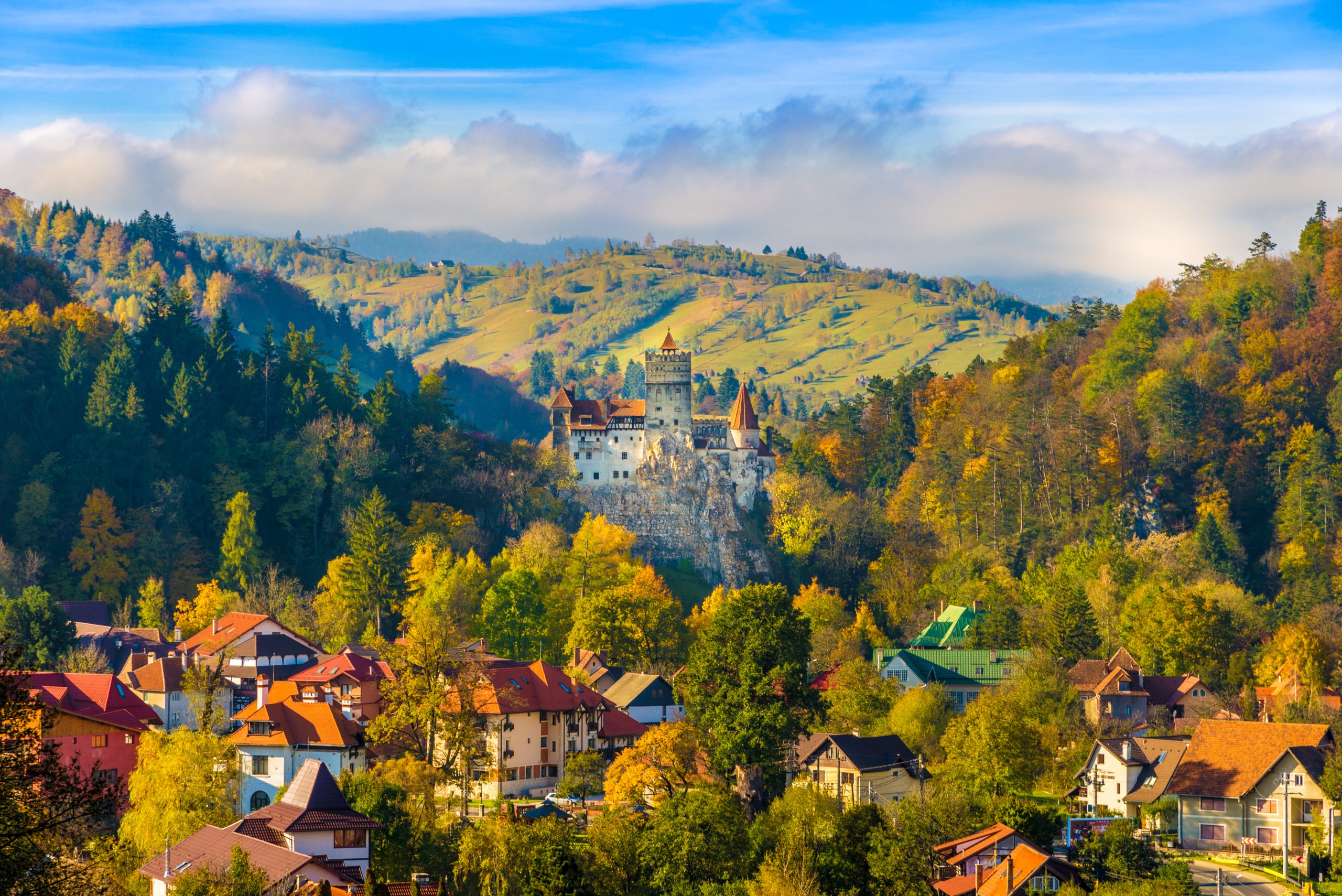 Panoramic view over Dracula medieval Castle Bran in autumn season